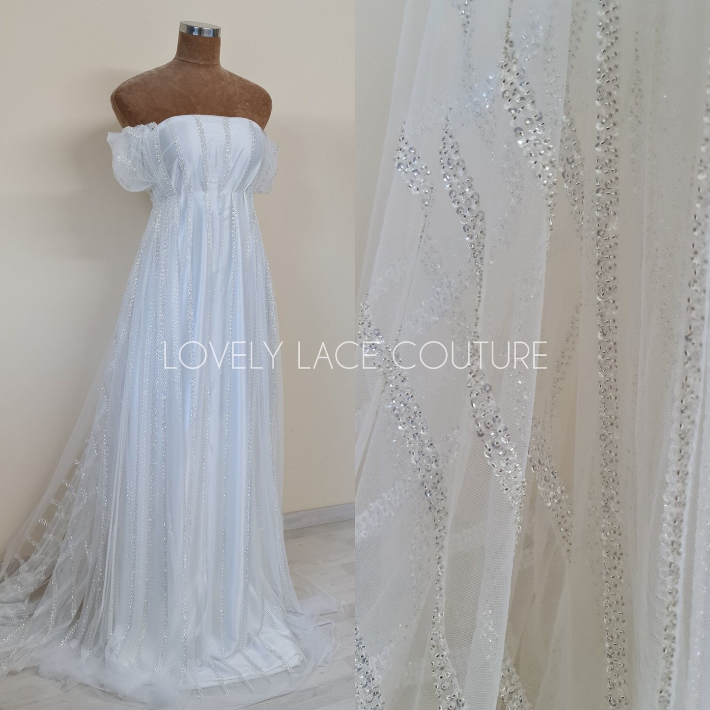 Beautiful modern lace fabric with beads and sequins in white color, bridal lace by yards, Couture Lace Fabric, wedding dress lace LL-1435