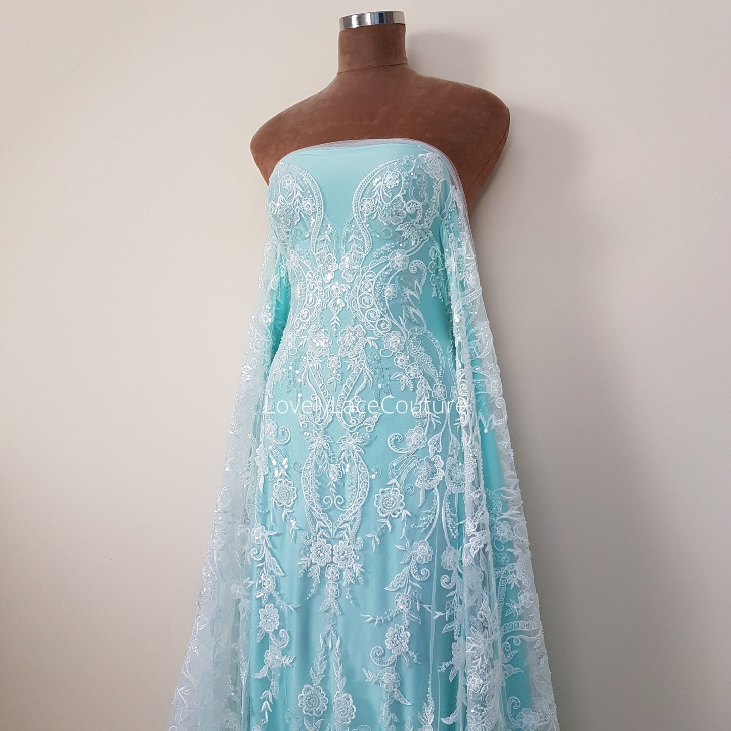 Gorgeous modern bridal lace design, Beaded lace in off-white, geometrical lace, wedding dress lace, Couture Lace Fabric by meter LL-1444