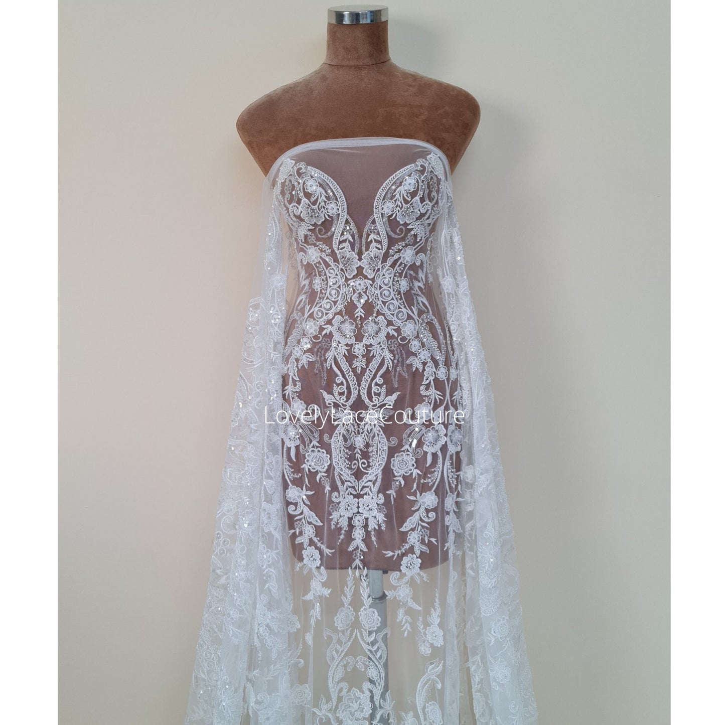 Gorgeous modern bridal lace design, Beaded lace in off-white, geometrical lace, wedding dress lace, Couture Lace Fabric by meter LL-1444