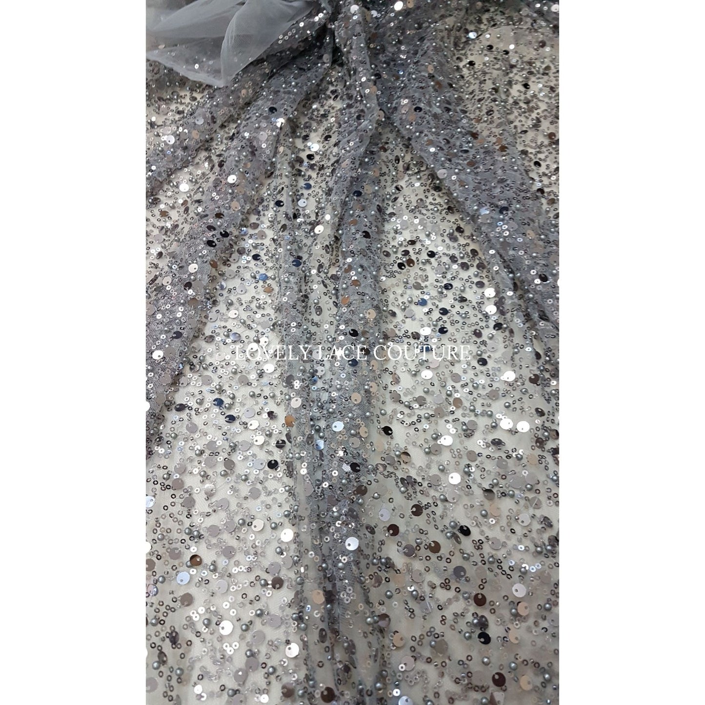 Beaded bridal lace fabric with big sequins in grey, Pallas Couture Lace Fabric, luxurious beaded wedding dress lace, designer lace LL-1440
