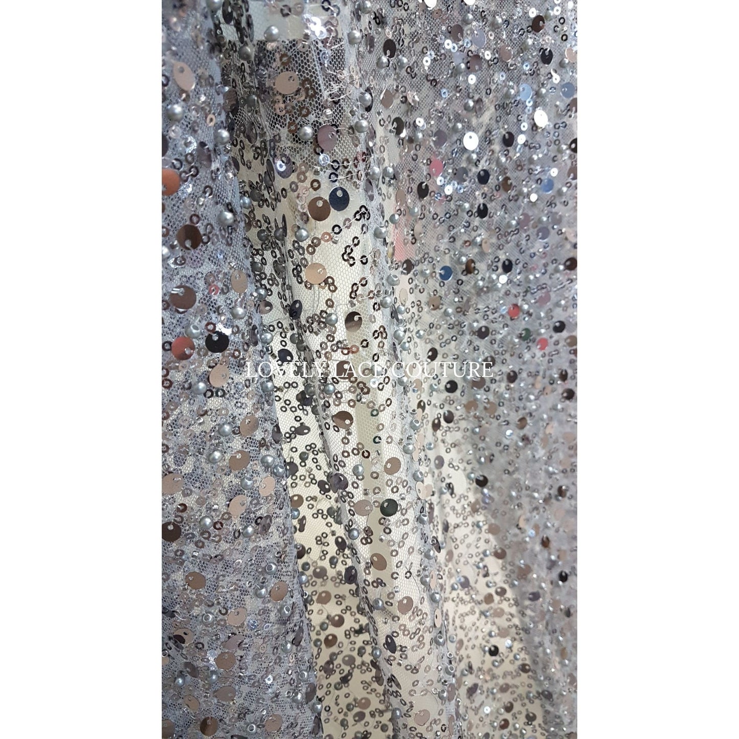 Beaded bridal lace fabric with big sequins in grey, Pallas Couture Lace Fabric, luxurious beaded wedding dress lace, designer lace LL-1440