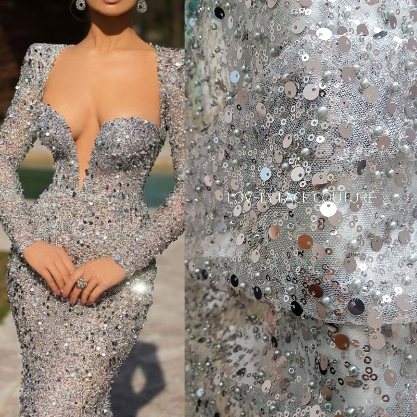 Beaded bridal lace fabric with big sequins in grey, Pallas Couture Lace Fabric, luxurious beaded wedding dress lace, designer lace LL-1440