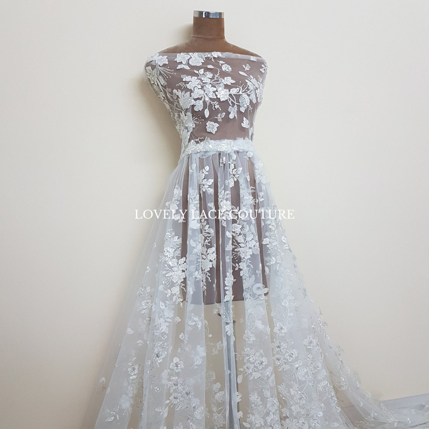 Flower bridal lace fabric with white net, silver flowers and beads and transparent sequins, wedding dress lace, fabric by yard LL-1447