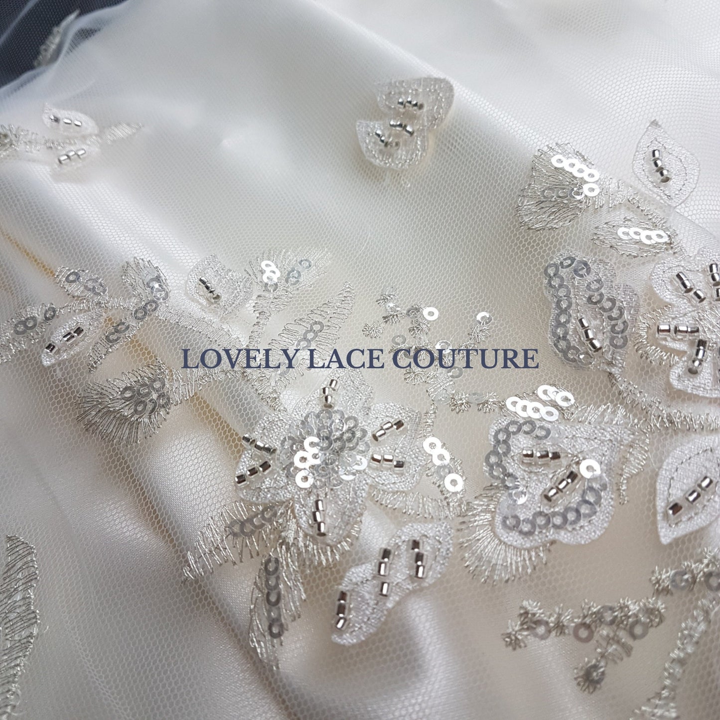 Flower bridal lace fabric with white net, silver flowers and beads and transparent sequins, wedding dress lace, fabric by yard LL-1447