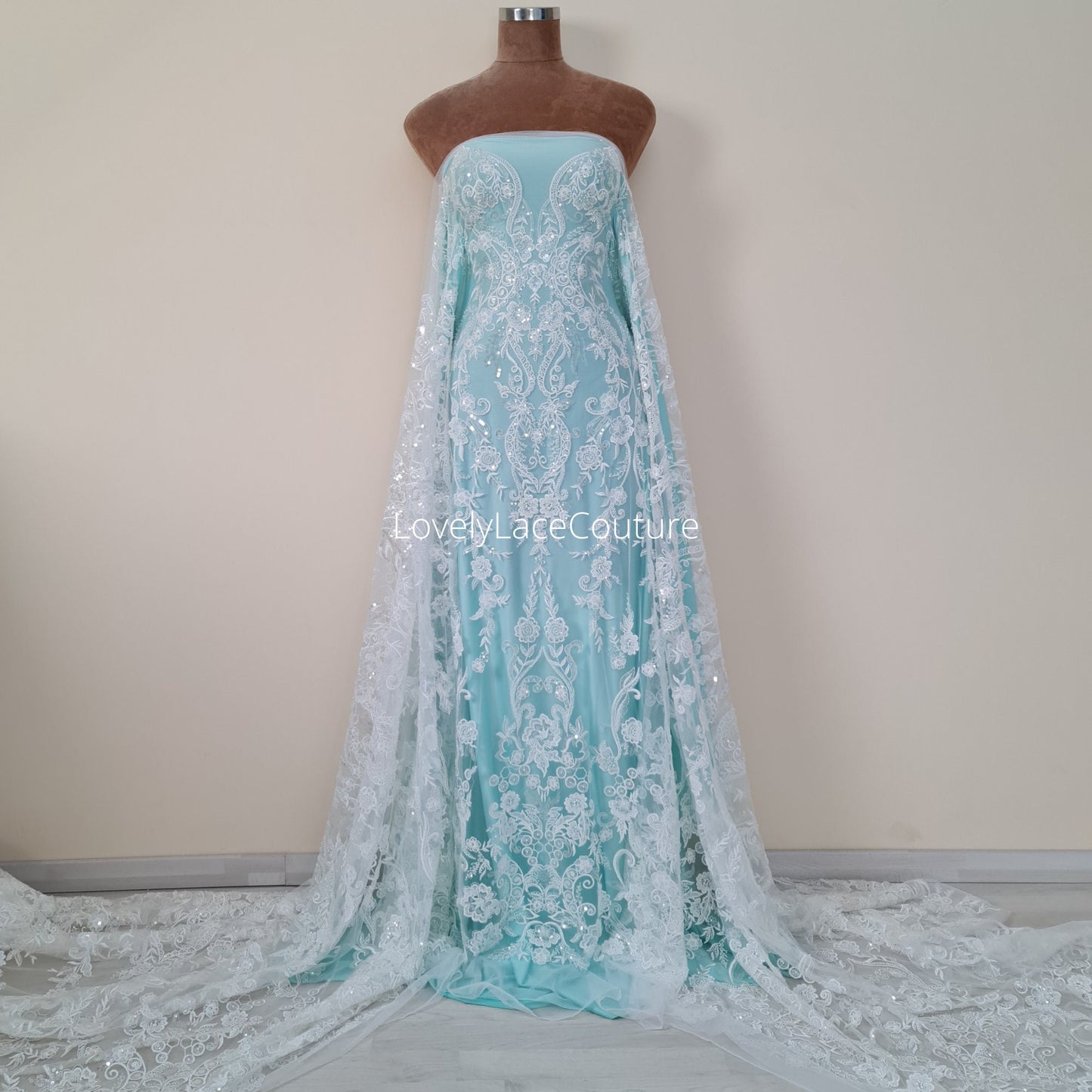 Gorgeous modern bridal lace design, Beaded lace in off-white, geometrical lace, wedding dress lace, Couture Lace Fabric by meter LL-1444