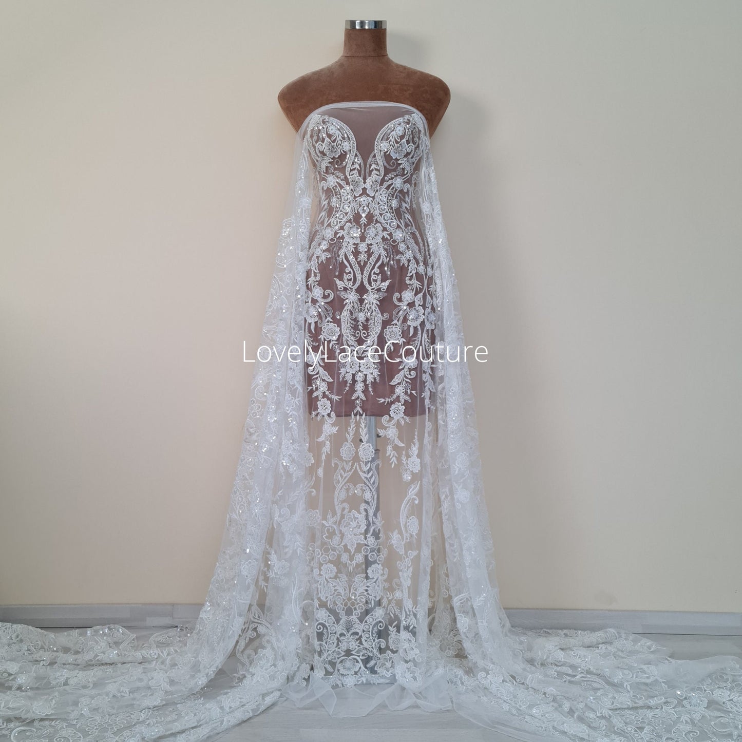 Gorgeous modern bridal lace design, Beaded lace in off-white, geometrical lace, wedding dress lace, Couture Lace Fabric by meter LL-1444