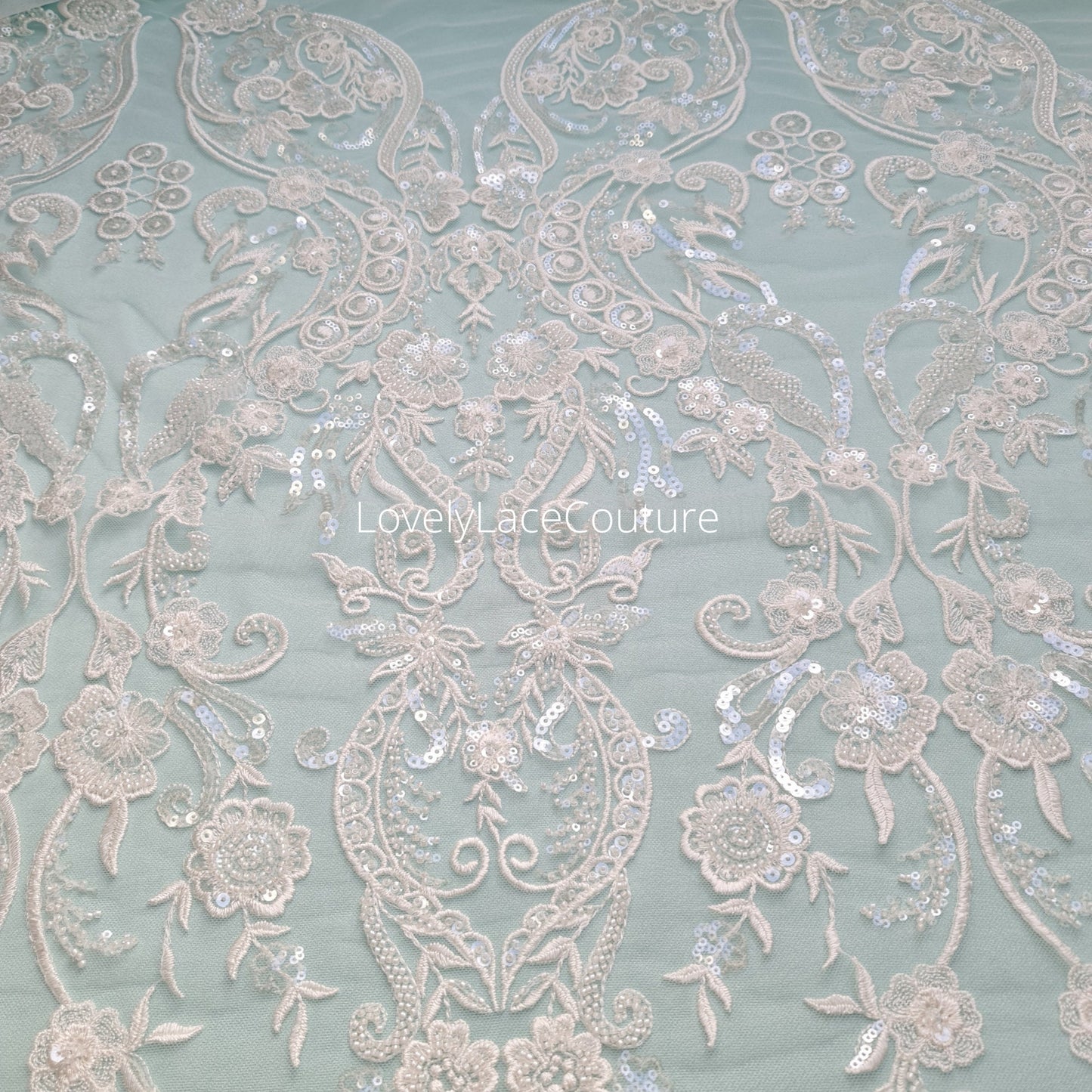 Gorgeous modern bridal lace design, Beaded lace in off-white, geometrical lace, wedding dress lace, Couture Lace Fabric by meter LL-1444