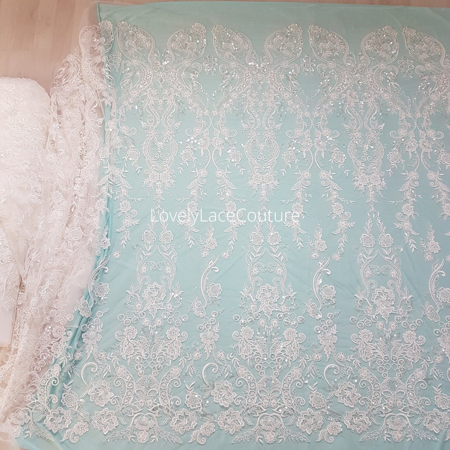 Gorgeous modern bridal lace design, Beaded lace in off-white, geometrical lace, wedding dress lace, Couture Lace Fabric by meter LL-1444