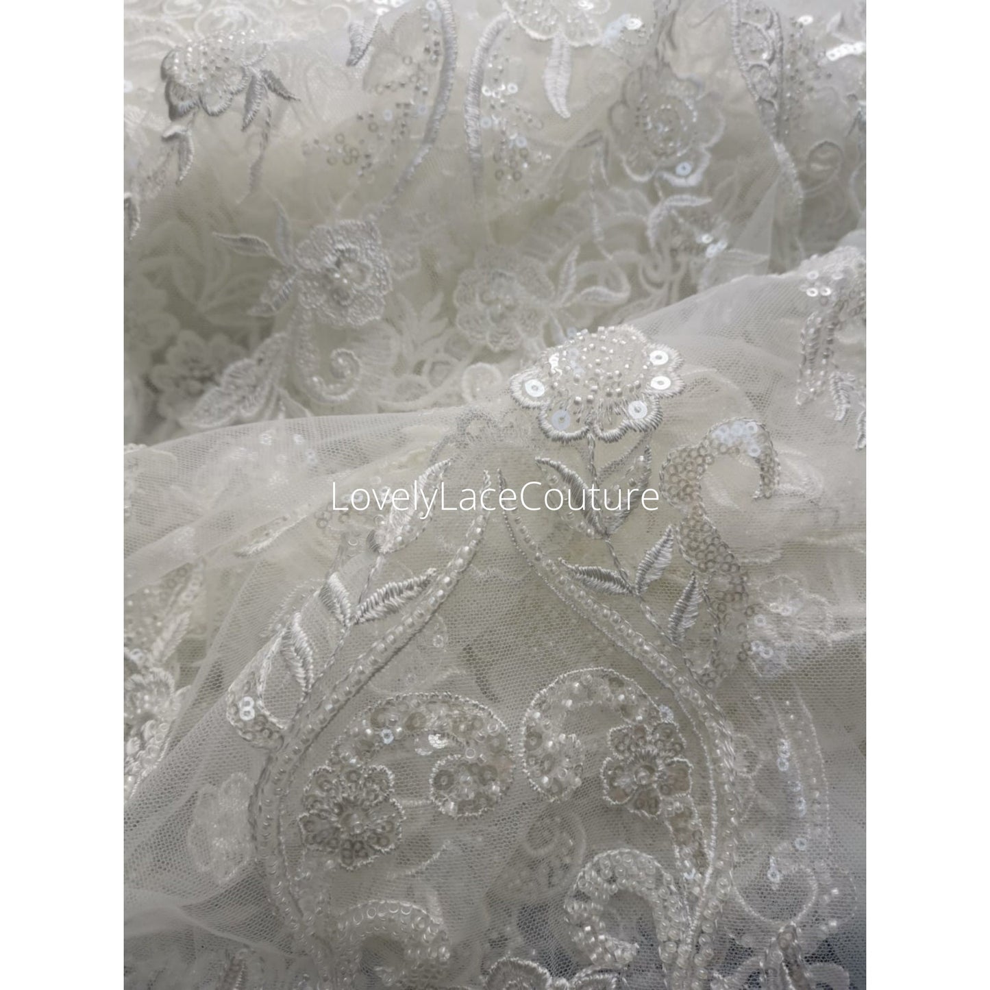 Gorgeous modern bridal lace design, Beaded lace in off-white, geometrical lace, wedding dress lace, Couture Lace Fabric by meter LL-1444