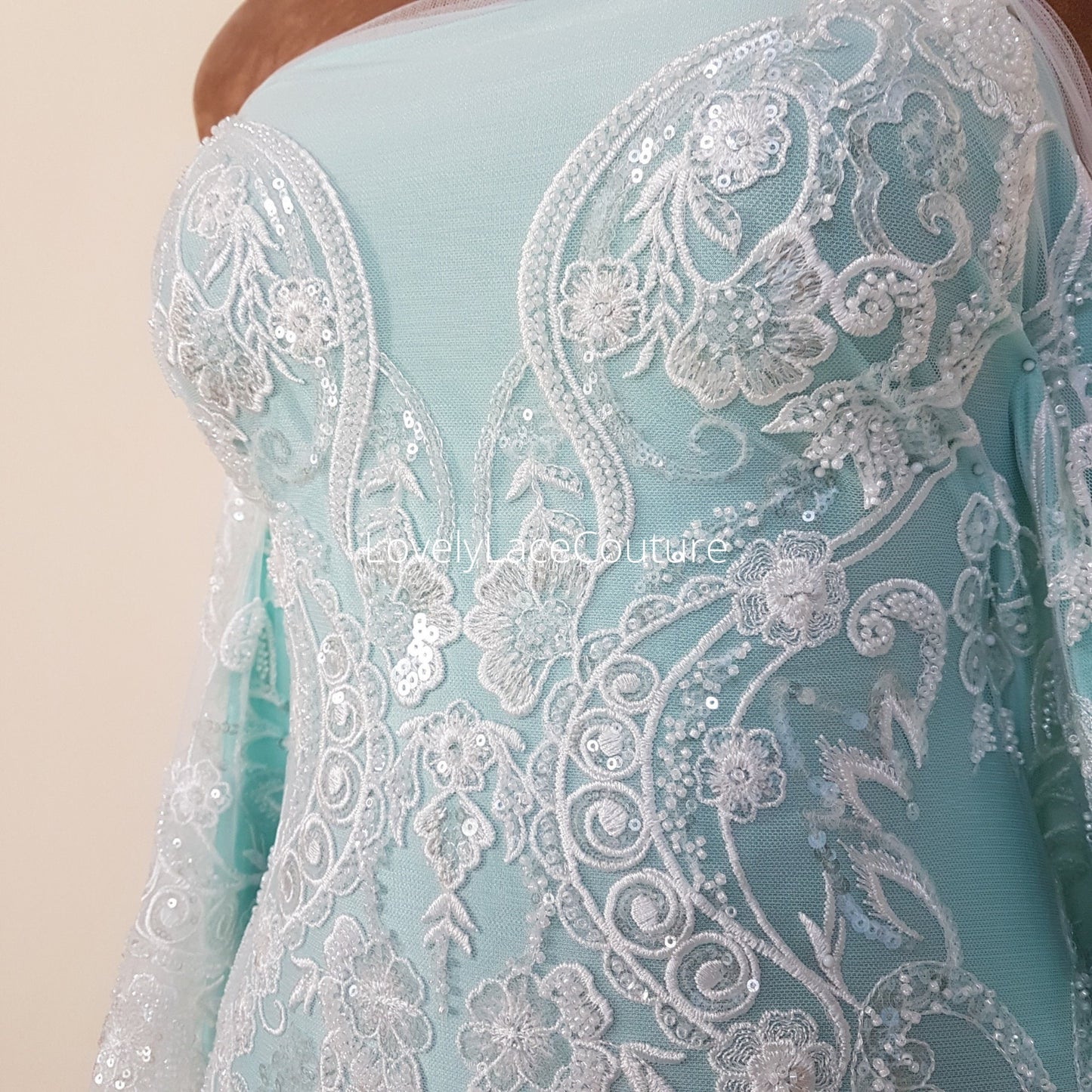 Gorgeous modern bridal lace design, Beaded lace in off-white, geometrical lace, wedding dress lace, Couture Lace Fabric by meter LL-1444