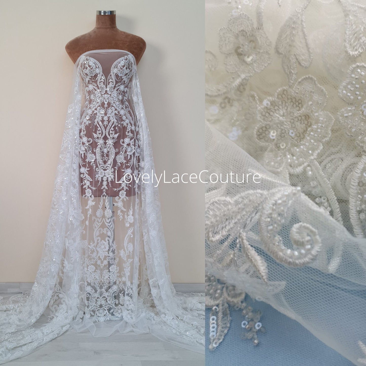 Gorgeous modern bridal lace design, Beaded lace in off-white, geometrical lace, wedding dress lace, Couture Lace Fabric by meter LL-1444