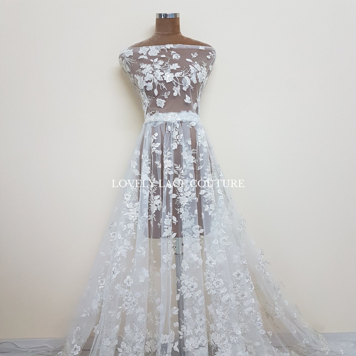 Flower bridal lace fabric with white net, silver flowers and beads and transparent sequins, wedding dress lace, fabric by yard LL-1447