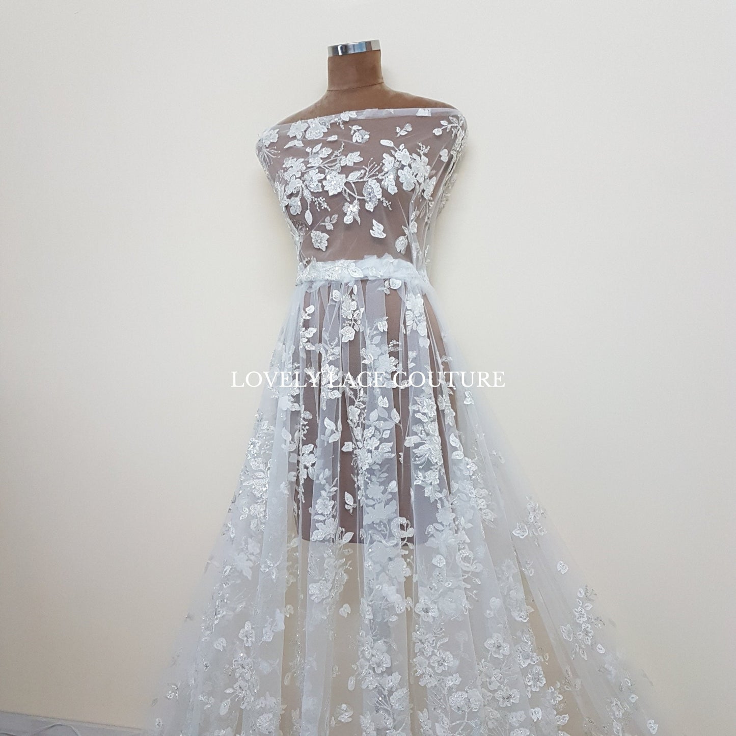 Flower bridal lace fabric with white net, silver flowers and beads and transparent sequins, wedding dress lace, fabric by yard LL-1447