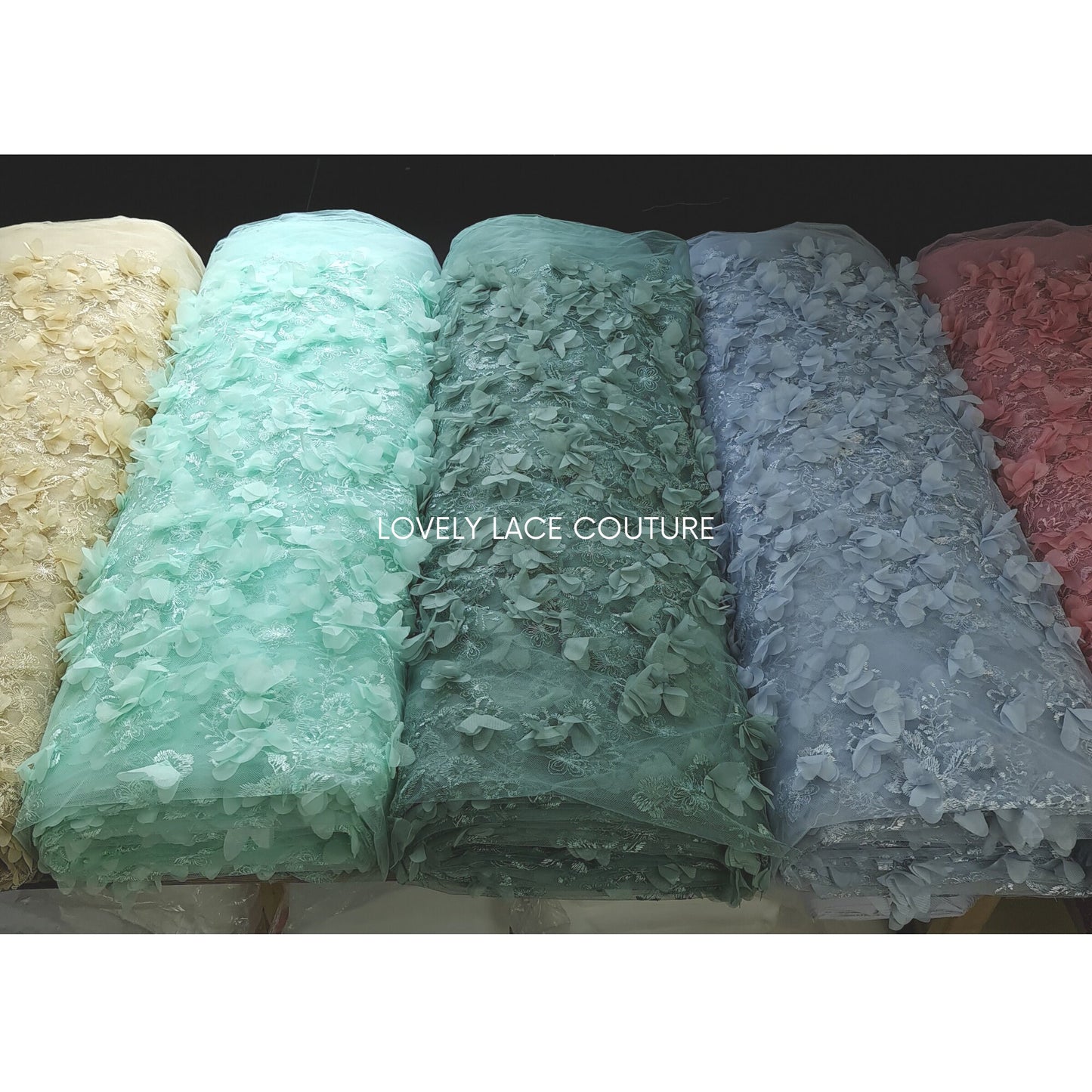 Lovely bridal lace fabric with big flowers, 3DLace Fabric in off-white, ivory, beige, mint, sage green, pink and greyblue wedding dress lace