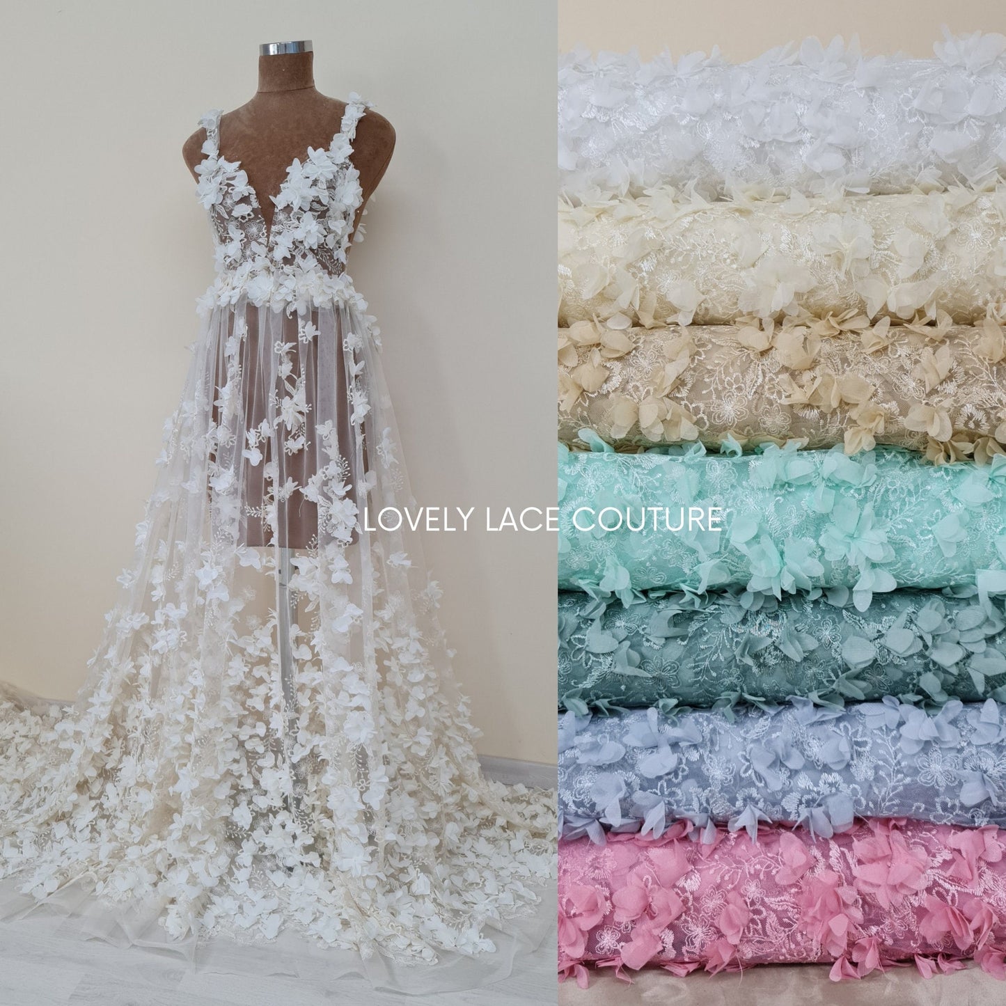 Lovely bridal lace fabric with big flowers, 3DLace Fabric in off-white, ivory, beige, mint, sage green, pink and greyblue wedding dress lace