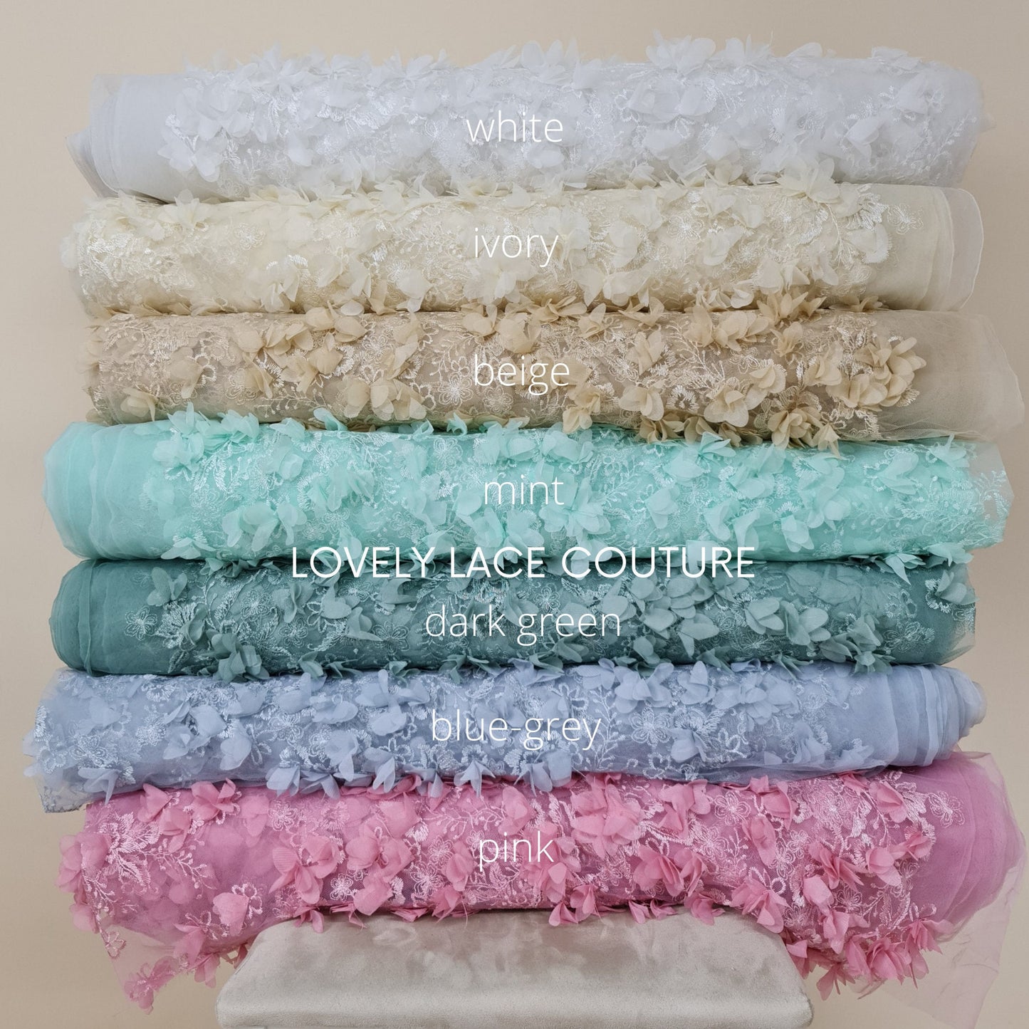 Lovely bridal lace fabric with big flowers, 3DLace Fabric in off-white, ivory, beige, mint, sage green, pink and greyblue wedding dress lace