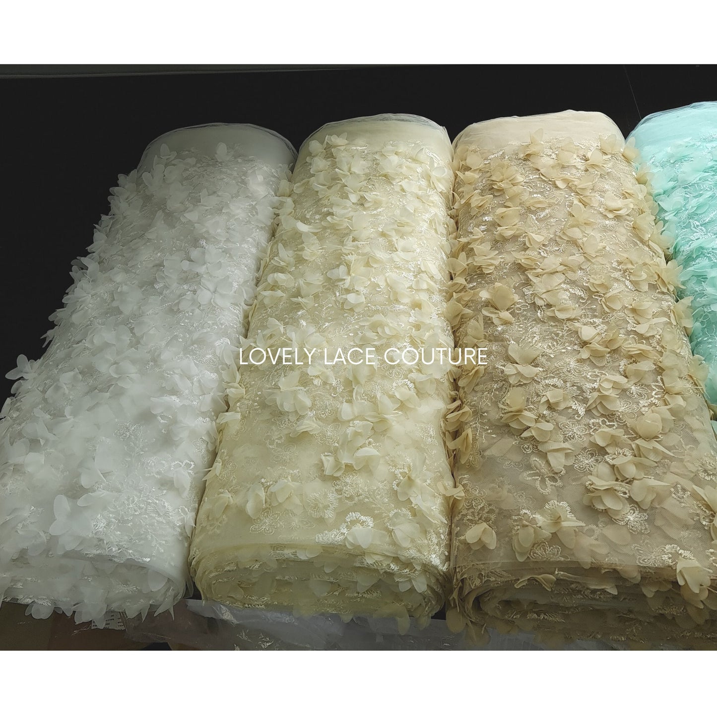 Lovely bridal lace fabric with big flowers, 3DLace Fabric in off-white, ivory, beige, mint, sage green, pink and greyblue wedding dress lace