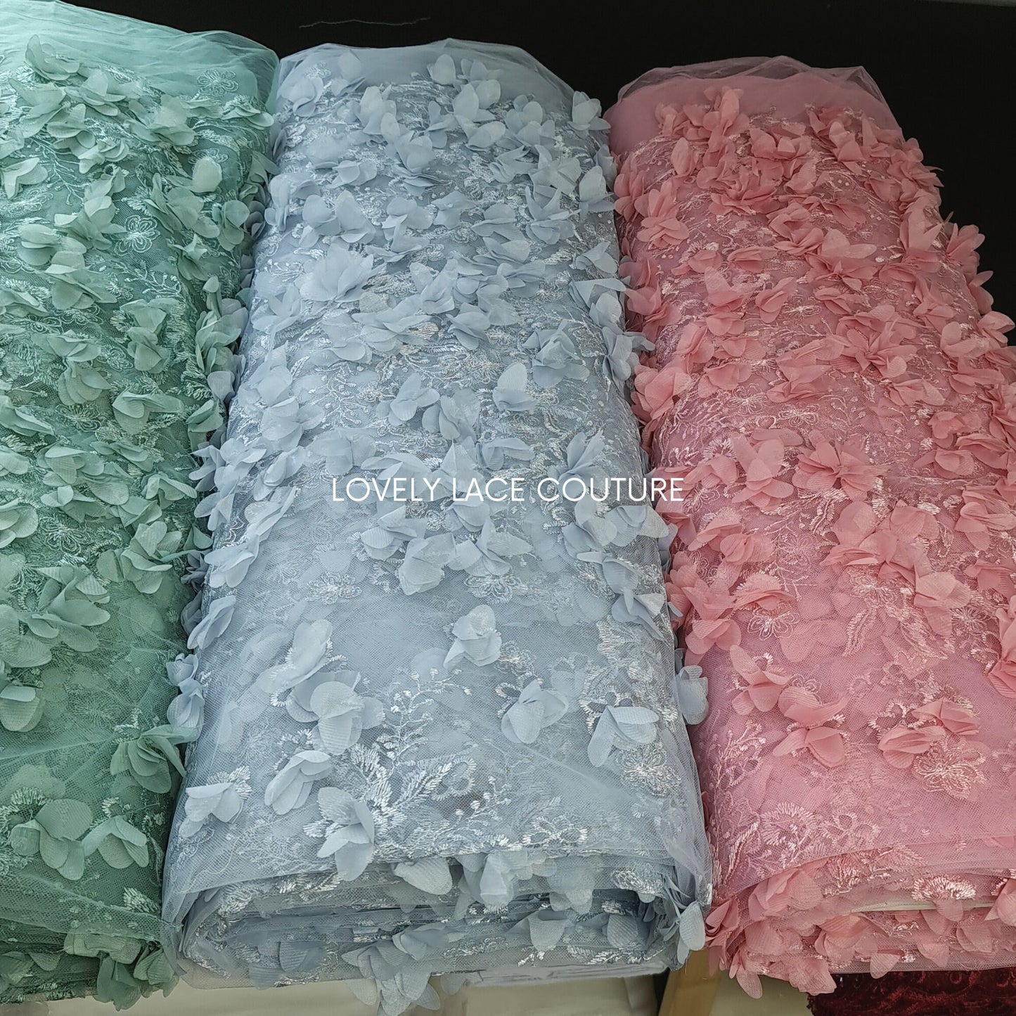 Lovely bridal lace fabric with big flowers, 3DLace Fabric in off-white, ivory, beige, mint, sage green, pink and greyblue wedding dress lace