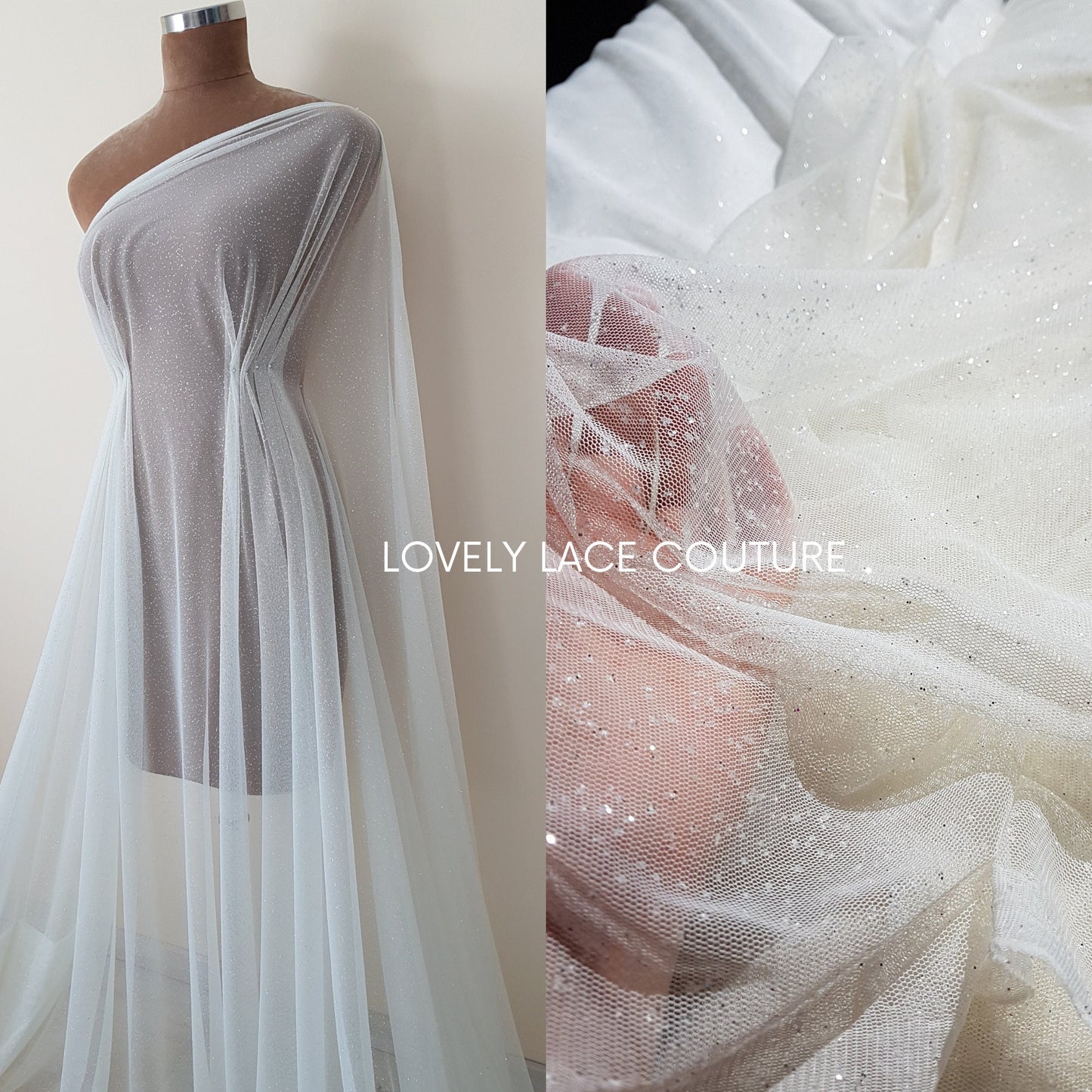 Very soft glitter tulle fabric in off-white or ivory, sparkling tulle for bridal veils or wedding dresses, mesh fabric, veil tulle LL-1462