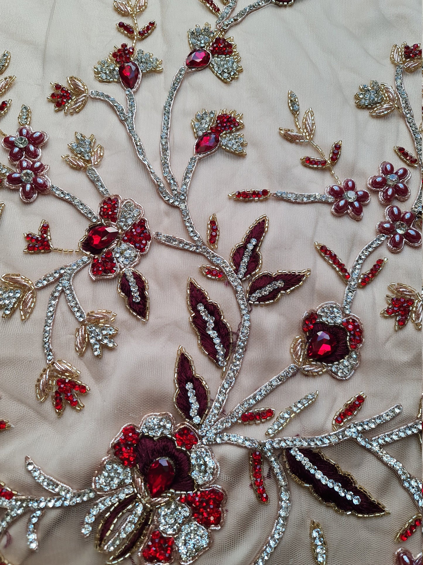 2 meter length, Stunning handmade lace fabric with fashionstones and rhinestones in red LL-1370 or purple color LL-1371