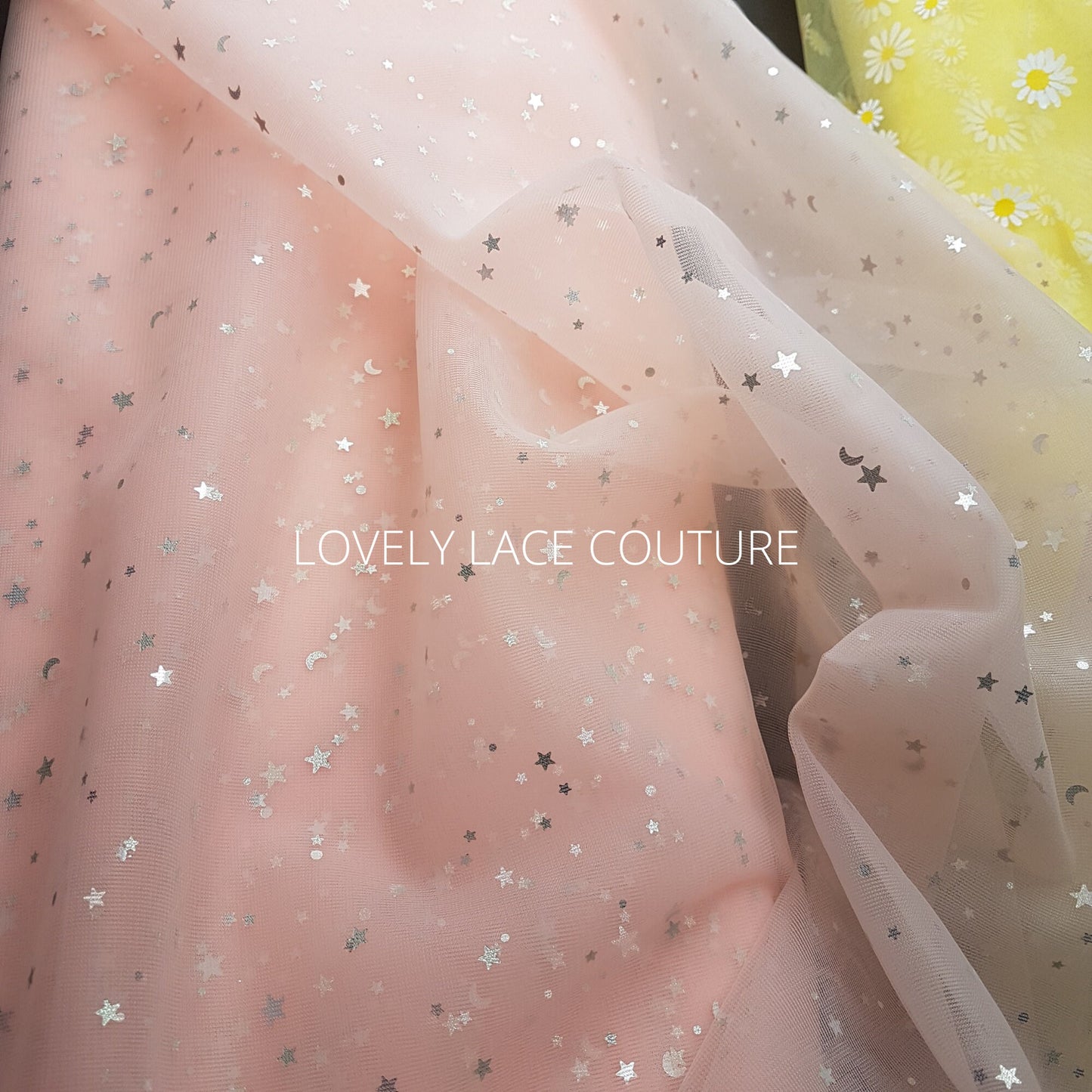 Soft tulle fabric, star and moon tulle print in rosé color LL-1468, margaret flowers print in yellow color LL-1469, printed mesh fabric