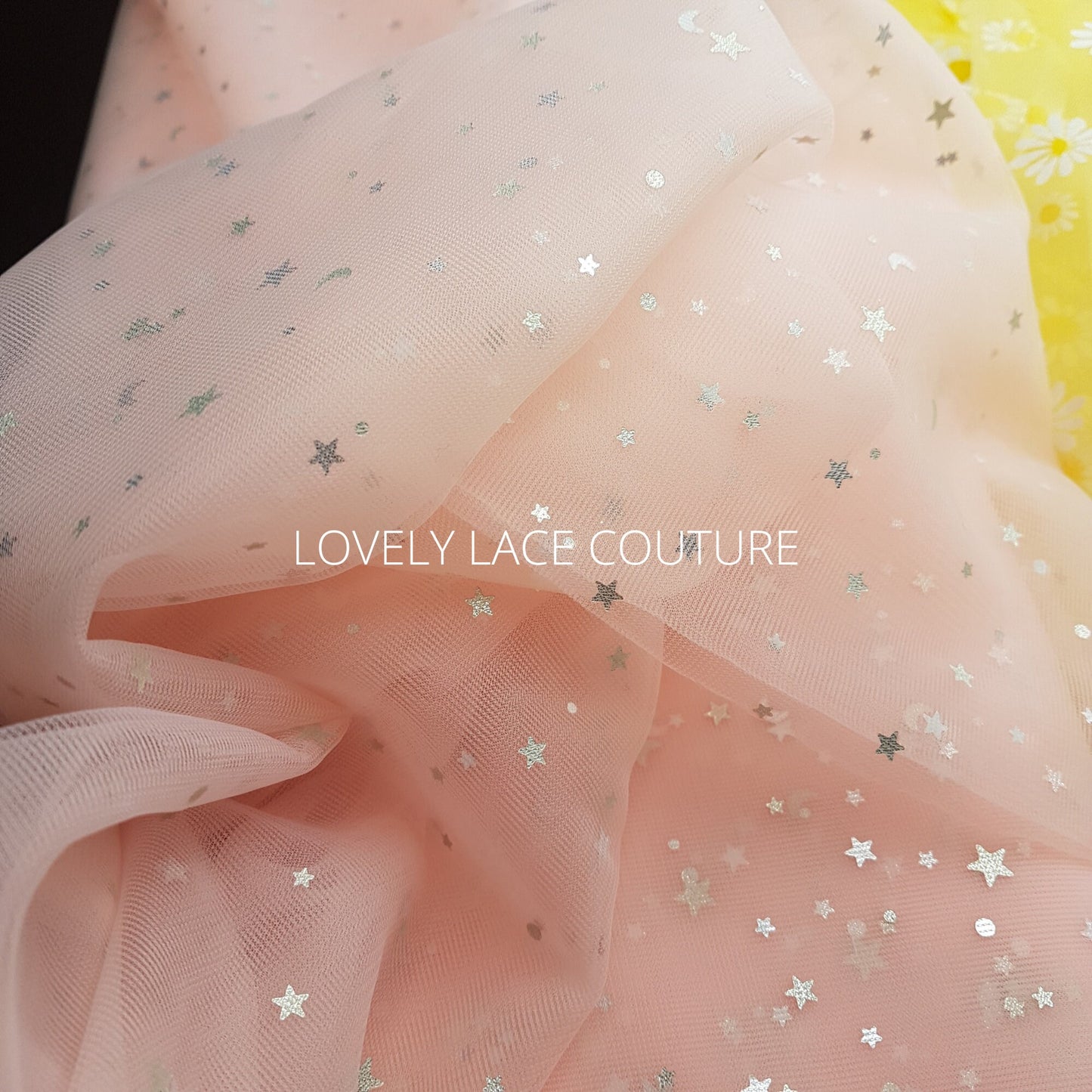 Soft tulle fabric, star and moon tulle print in rosé color LL-1468, margaret flowers print in yellow color LL-1469, printed mesh fabric