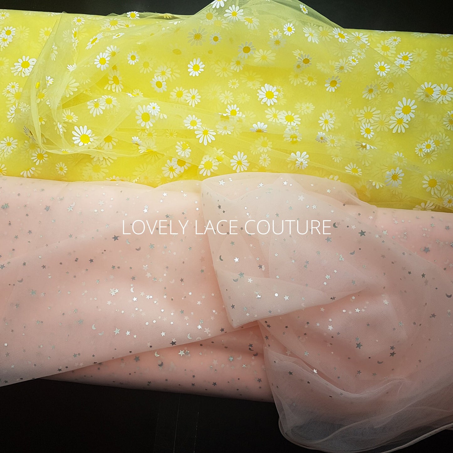 Soft tulle fabric, star and moon tulle print in rosé color LL-1468, margaret flowers print in yellow color LL-1469, printed mesh fabric