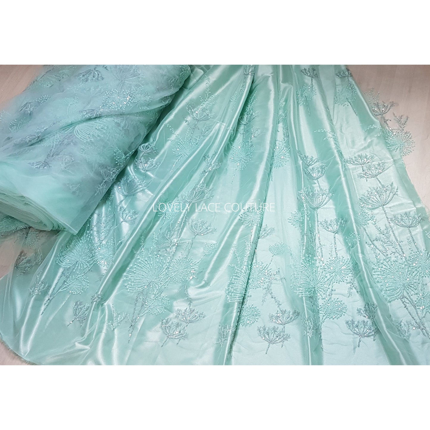 LL-1476, Lovely lace fabric with modern dandelion design, lace per metre, wedding dress lace fabric in mint color