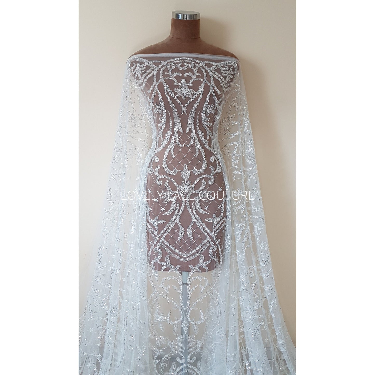 Glorious ornamental bridal lace fabric per metre in white color, wedding dress lace in high quality for stunning couture dresses, LL-1477