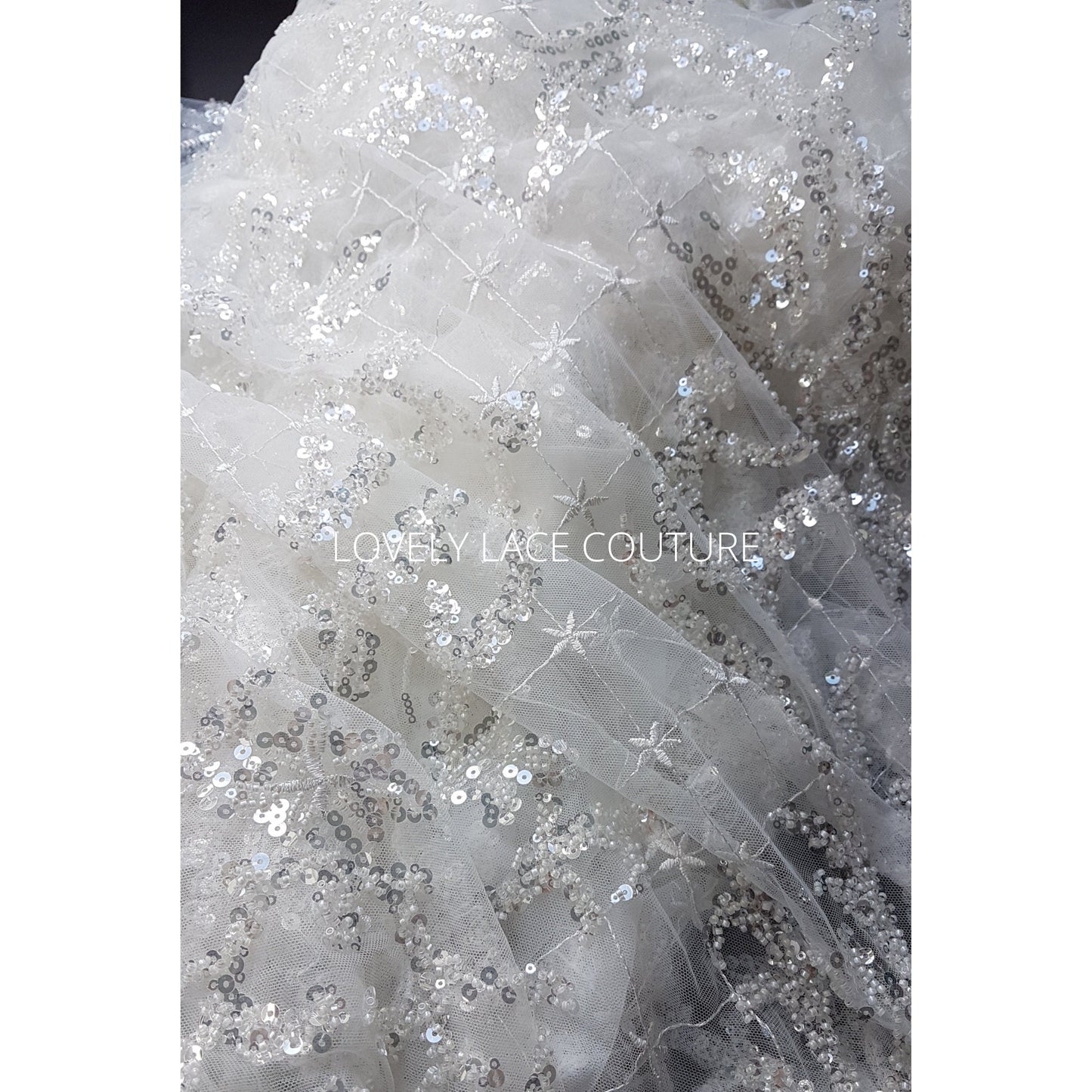 Glorious ornamental bridal lace fabric per metre in white color, wedding dress lace in high quality for stunning couture dresses, LL-1477