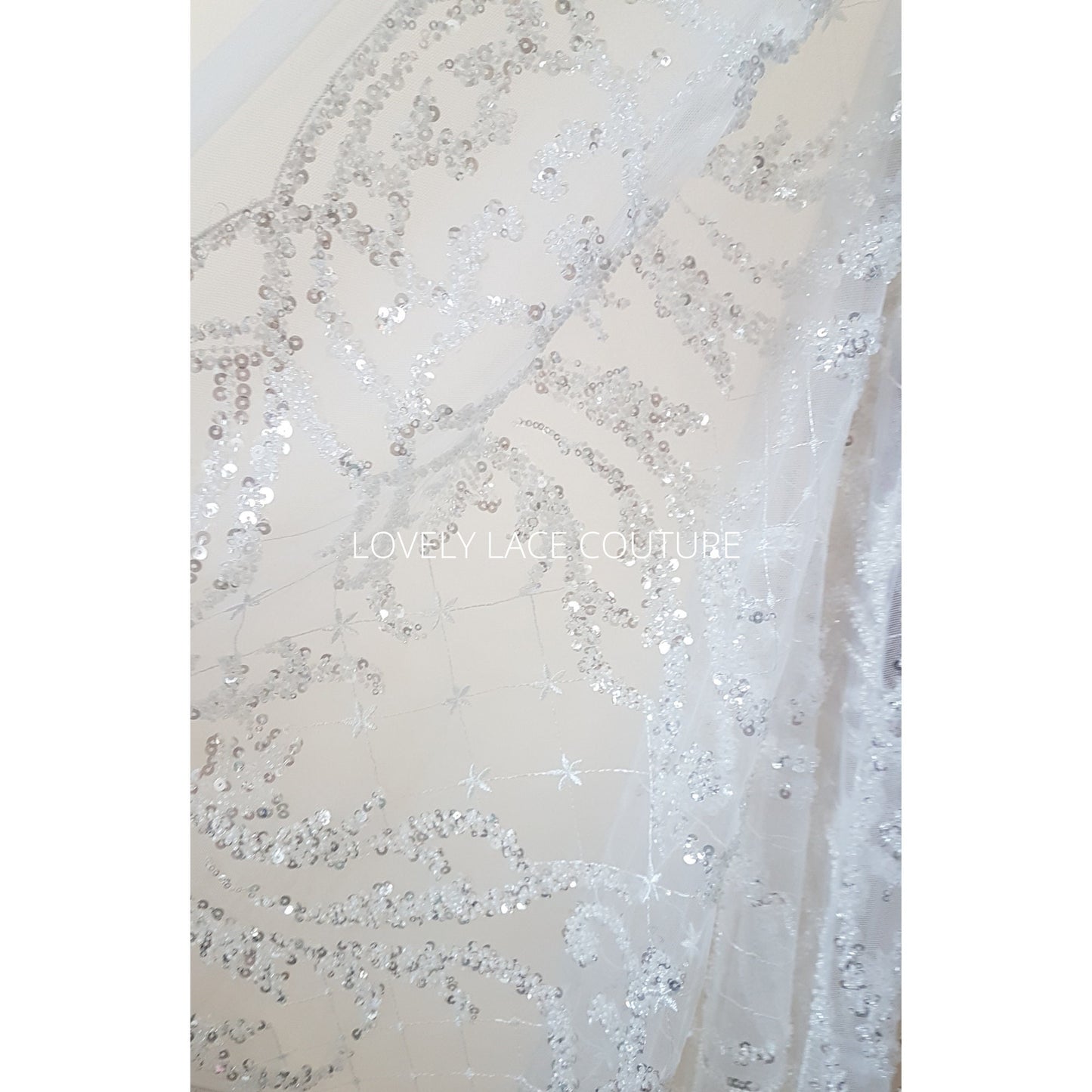 Glorious ornamental bridal lace fabric per metre in white color, wedding dress lace in high quality for stunning couture dresses, LL-1477