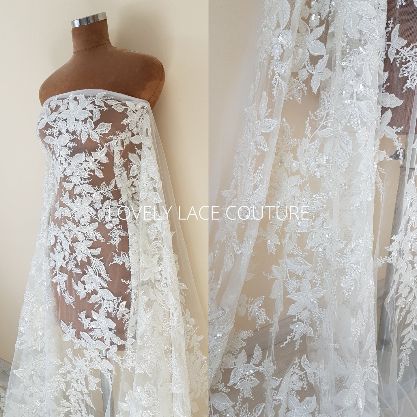 Amazing Flower bridal lace fabric with beads in off-white, Couture Lace Fabric, luxurious beaded wedding dress lace LL-1478