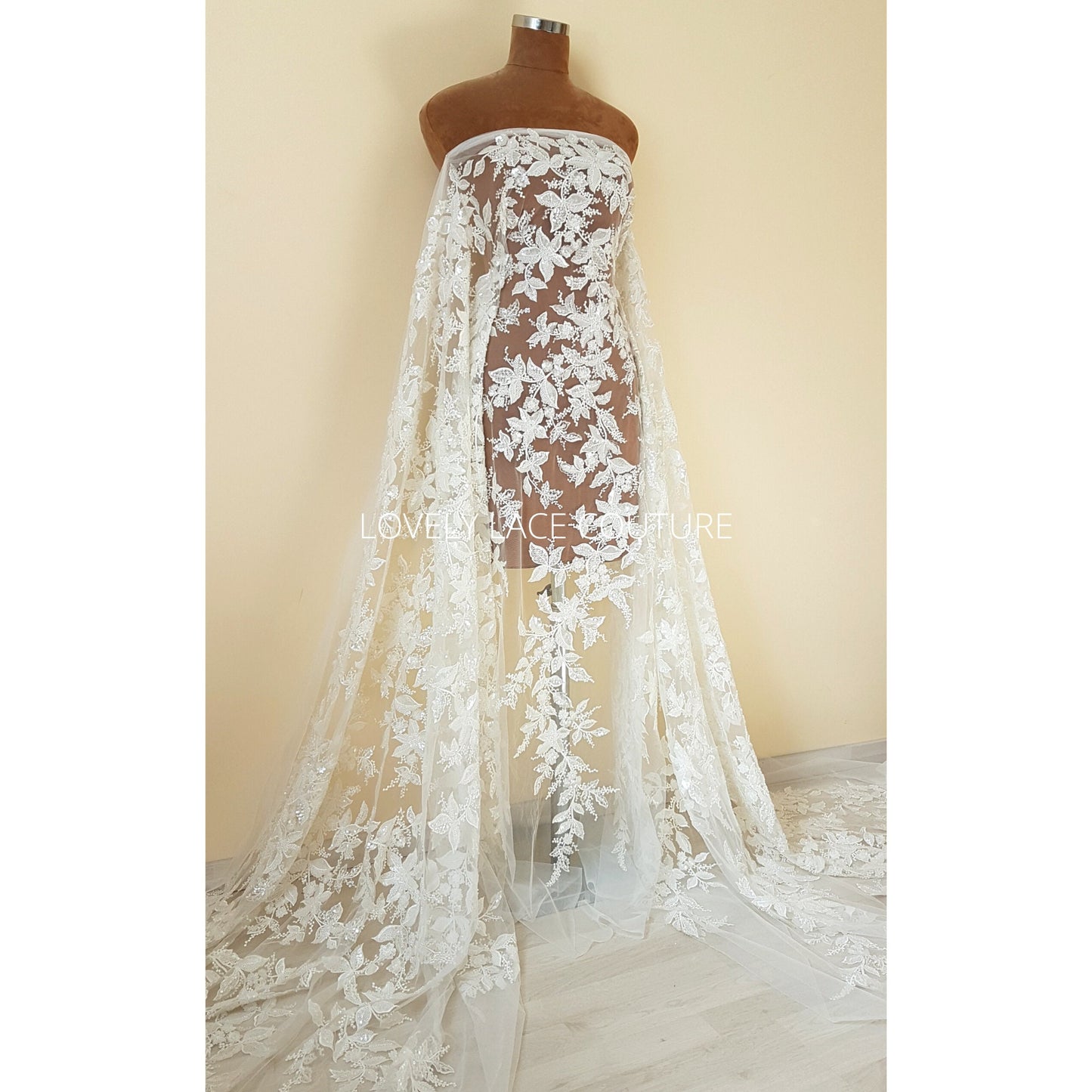 Amazing Flower bridal lace fabric with beads in off-white, Couture Lace Fabric, luxurious beaded wedding dress lace LL-1478