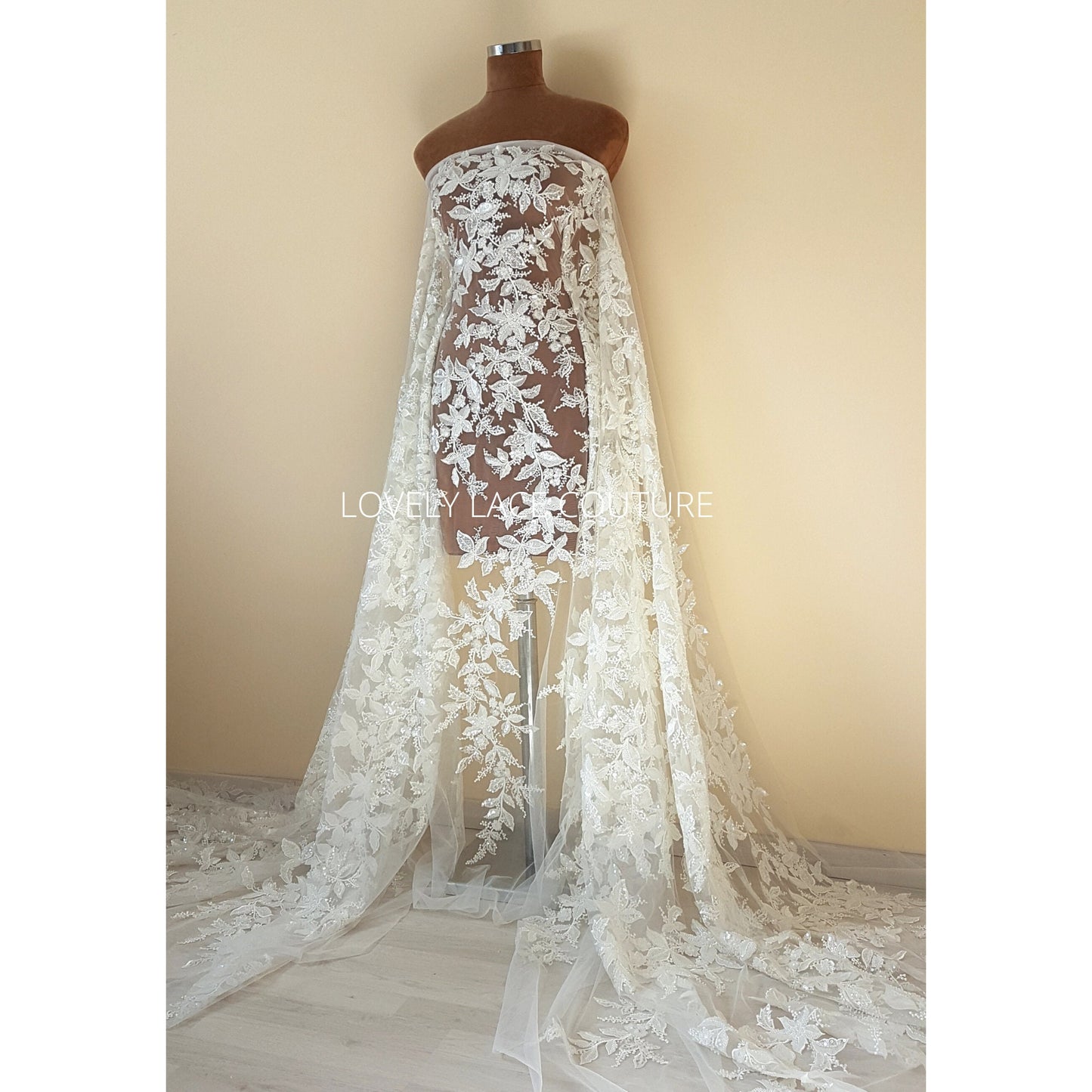 Amazing Flower bridal lace fabric with beads in off-white, Couture Lace Fabric, luxurious beaded wedding dress lace LL-1478
