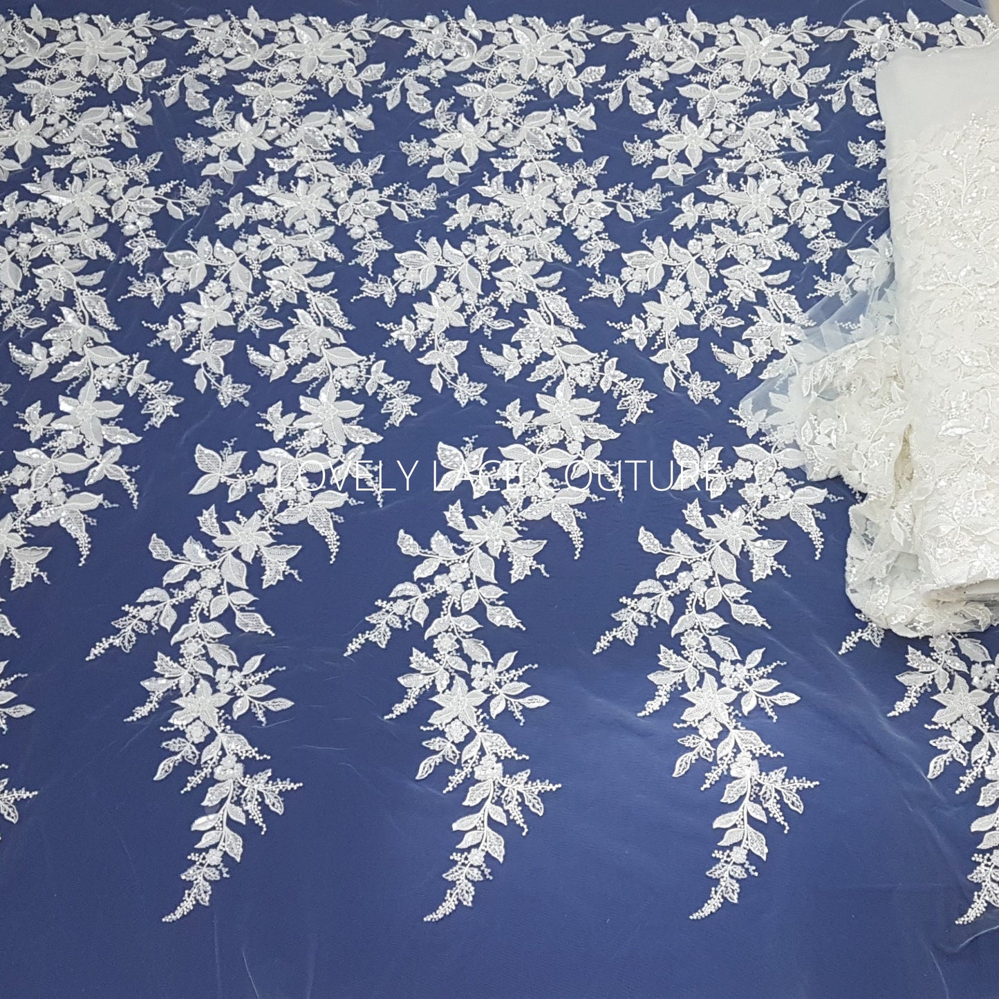Amazing Flower bridal lace fabric with beads in off-white, Couture Lace Fabric, luxurious beaded wedding dress lace LL-1478