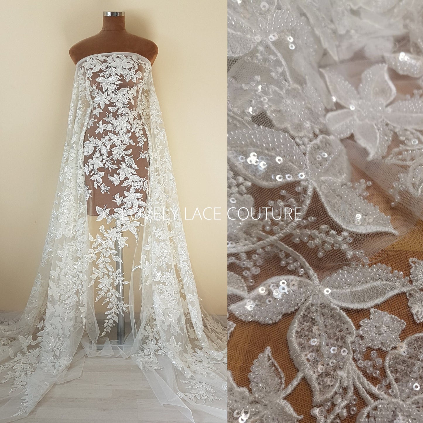 Amazing Flower bridal lace fabric with beads in off-white, Couture Lace Fabric, luxurious beaded wedding dress lace LL-1478