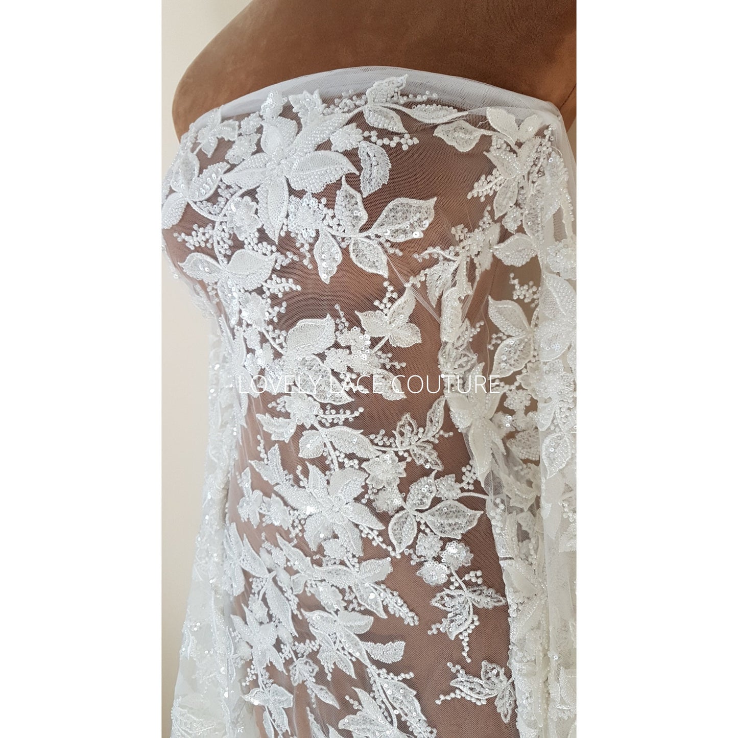 Amazing Flower bridal lace fabric with beads in off-white, Couture Lace Fabric, luxurious beaded wedding dress lace LL-1478