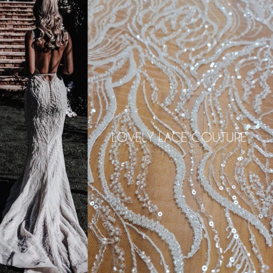 LL-1374, luxurious bridal lace fabric with modern abstract wave pattern in off-white color, starts at 0,5Meter