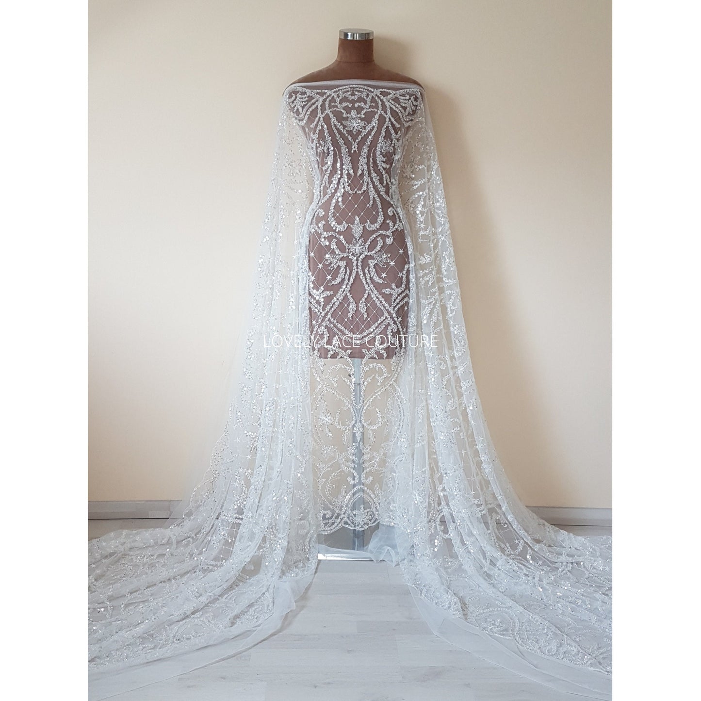 Glorious ornamental bridal lace fabric per metre in white color, wedding dress lace in high quality for stunning couture dresses, LL-1477