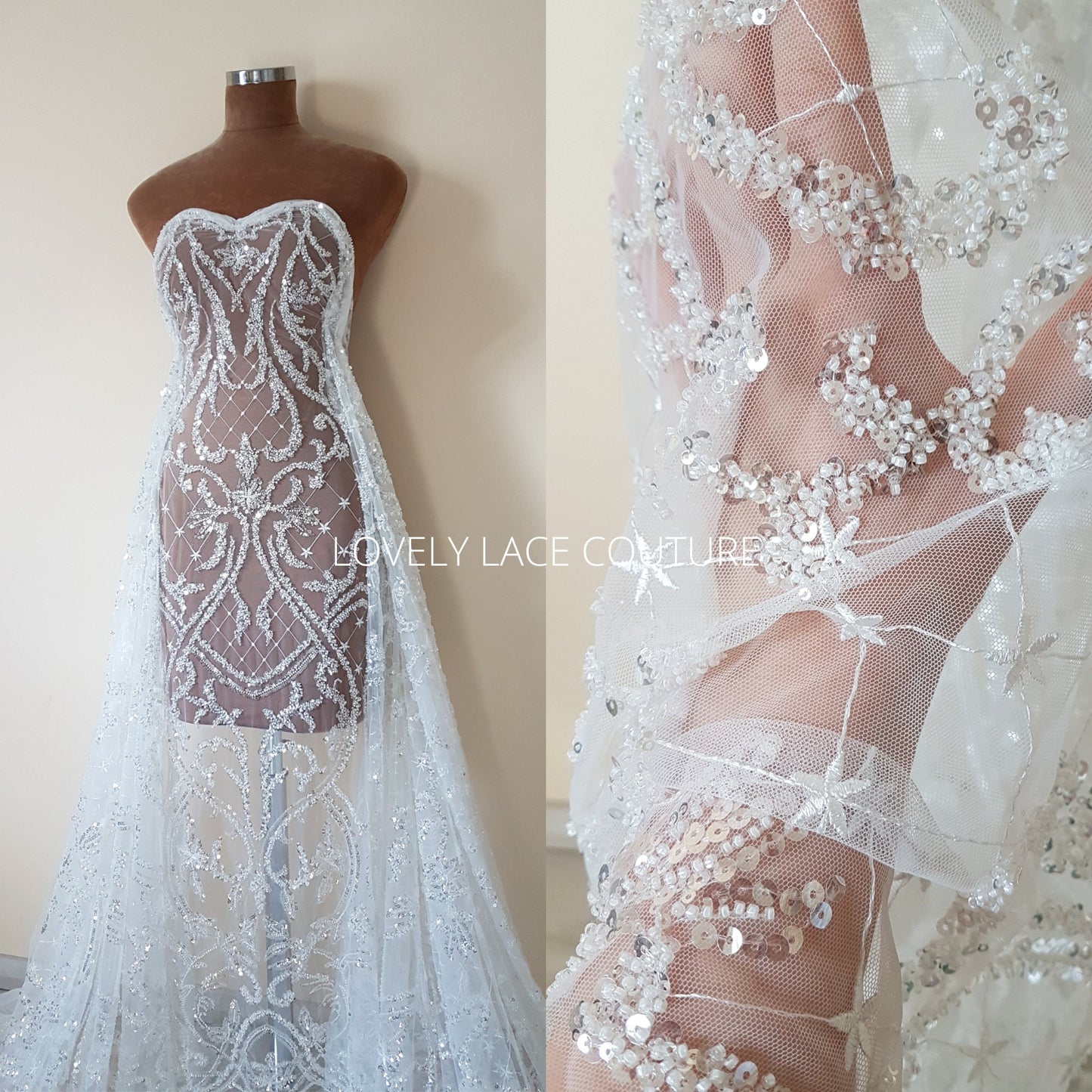 Glorious ornamental bridal lace fabric per metre in white color, wedding dress lace in high quality for stunning couture dresses, LL-1477