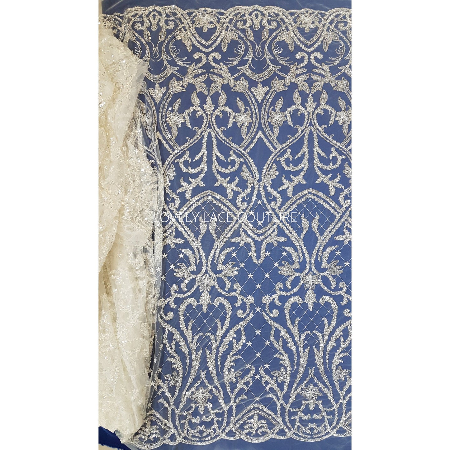 Glorious ornamental bridal lace fabric per metre in white color, wedding dress lace in high quality for stunning couture dresses, LL-1477
