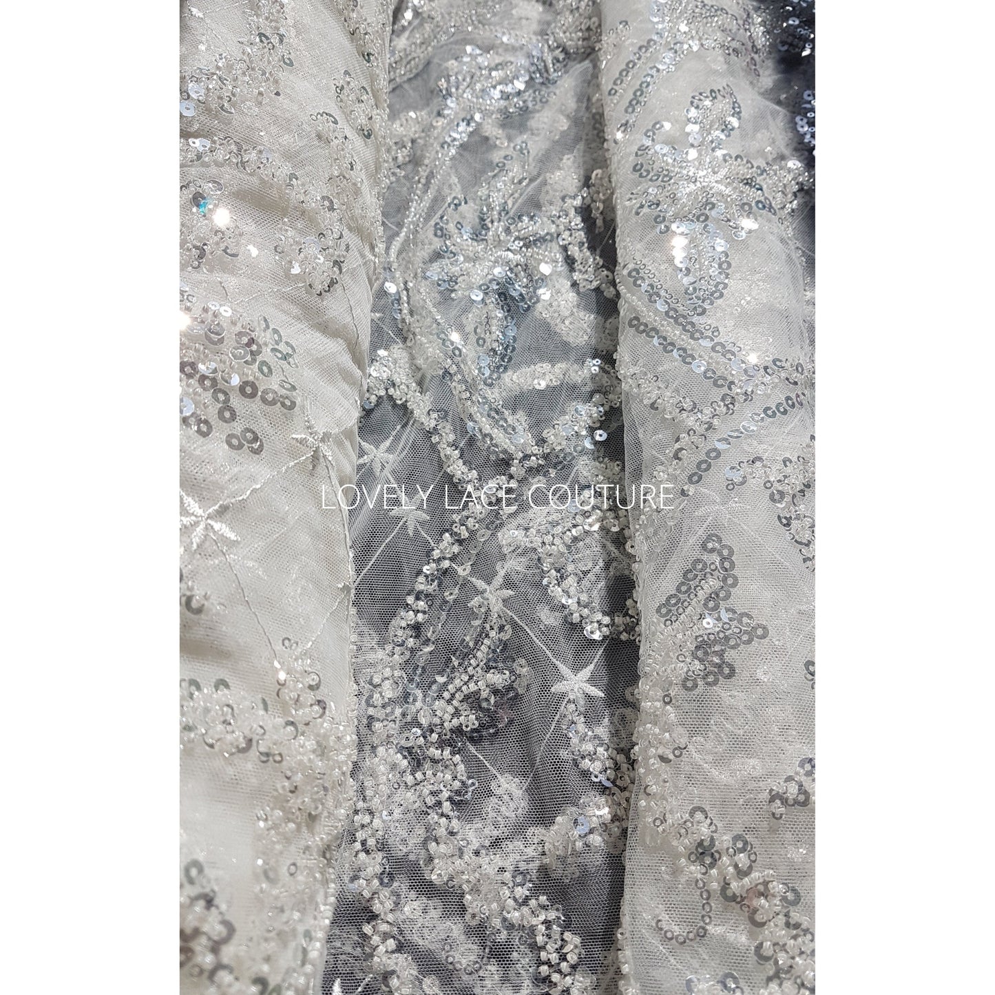 Glorious ornamental bridal lace fabric per metre in white color, wedding dress lace in high quality for stunning couture dresses, LL-1477