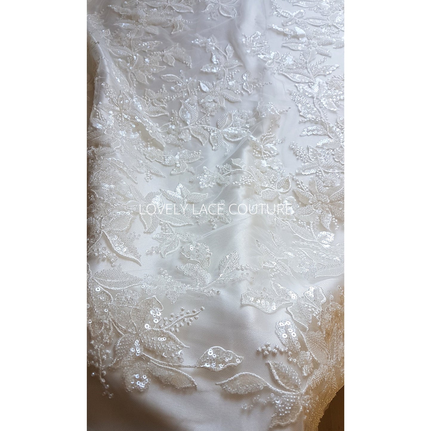 Amazing Flower bridal lace fabric with beads in off-white, Couture Lace Fabric, luxurious beaded wedding dress lace LL-1478