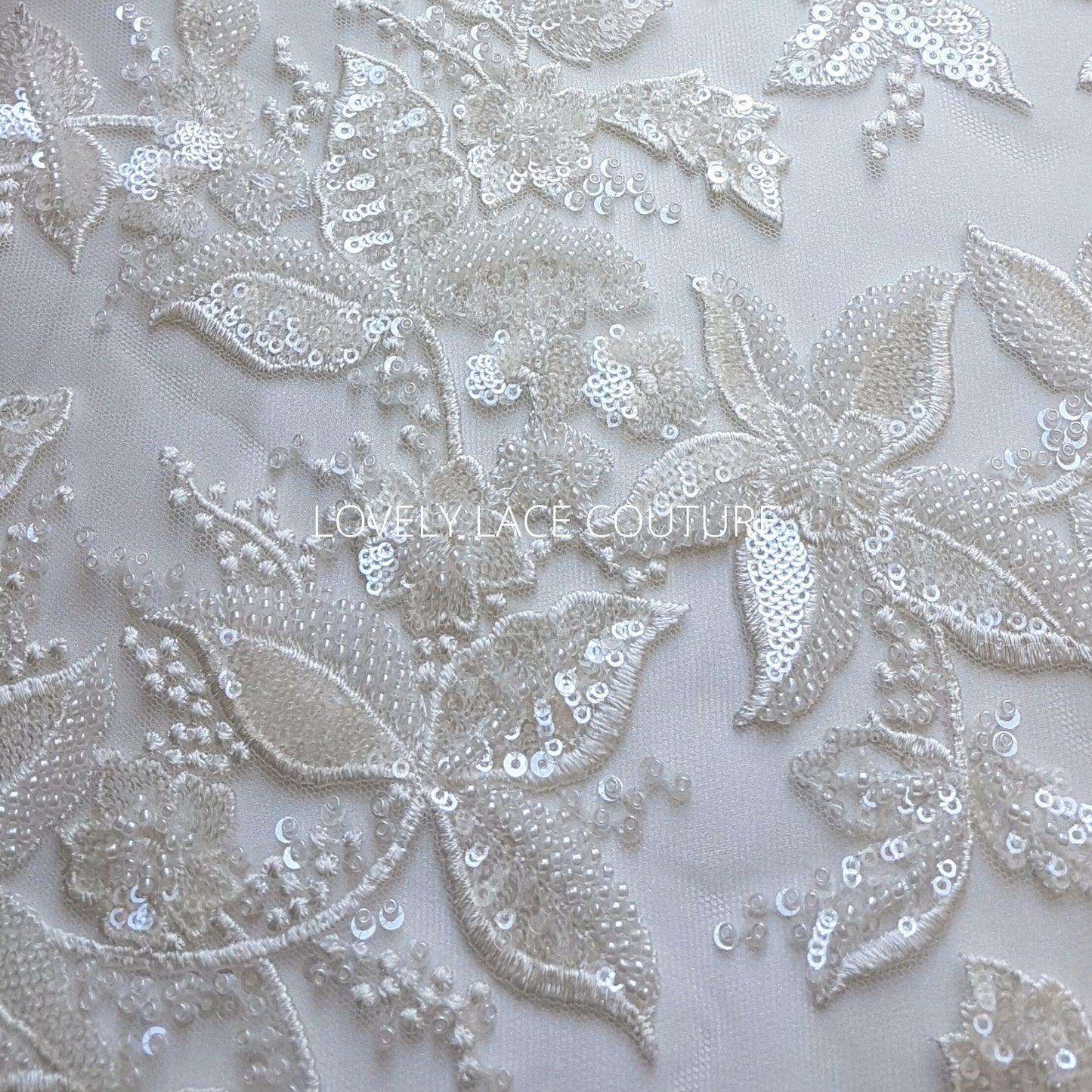 Amazing Flower bridal lace fabric with beads in off-white, Couture Lace Fabric, luxurious beaded wedding dress lace LL-1478
