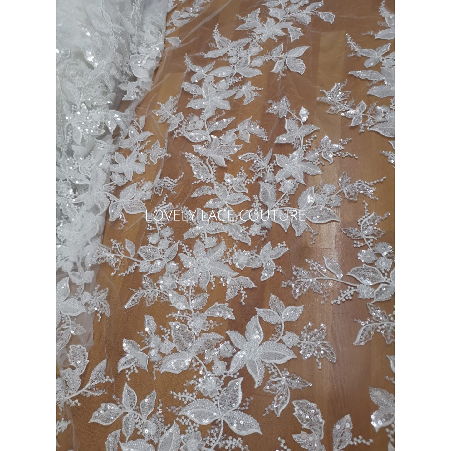 Amazing Flower bridal lace fabric with beads in off-white, Couture Lace Fabric, luxurious beaded wedding dress lace LL-1478