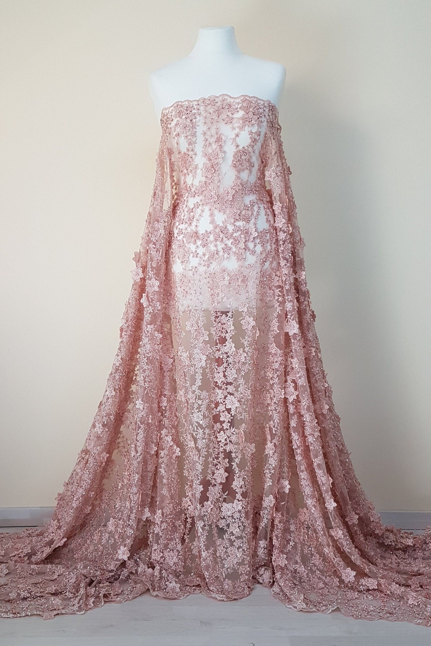 Gorgeous Lace fabric with 3D-Flowers in lovely rosé color, allover design, fabric per metre, LL-1331