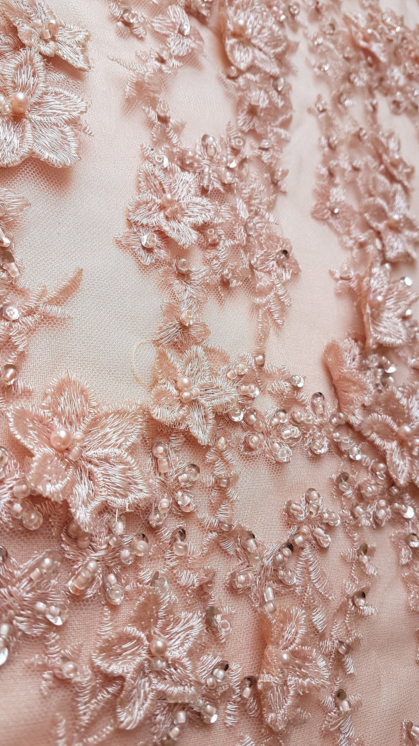 Gorgeous Lace fabric with 3D-Flowers in lovely rosé color, allover design, fabric per metre, LL-1331