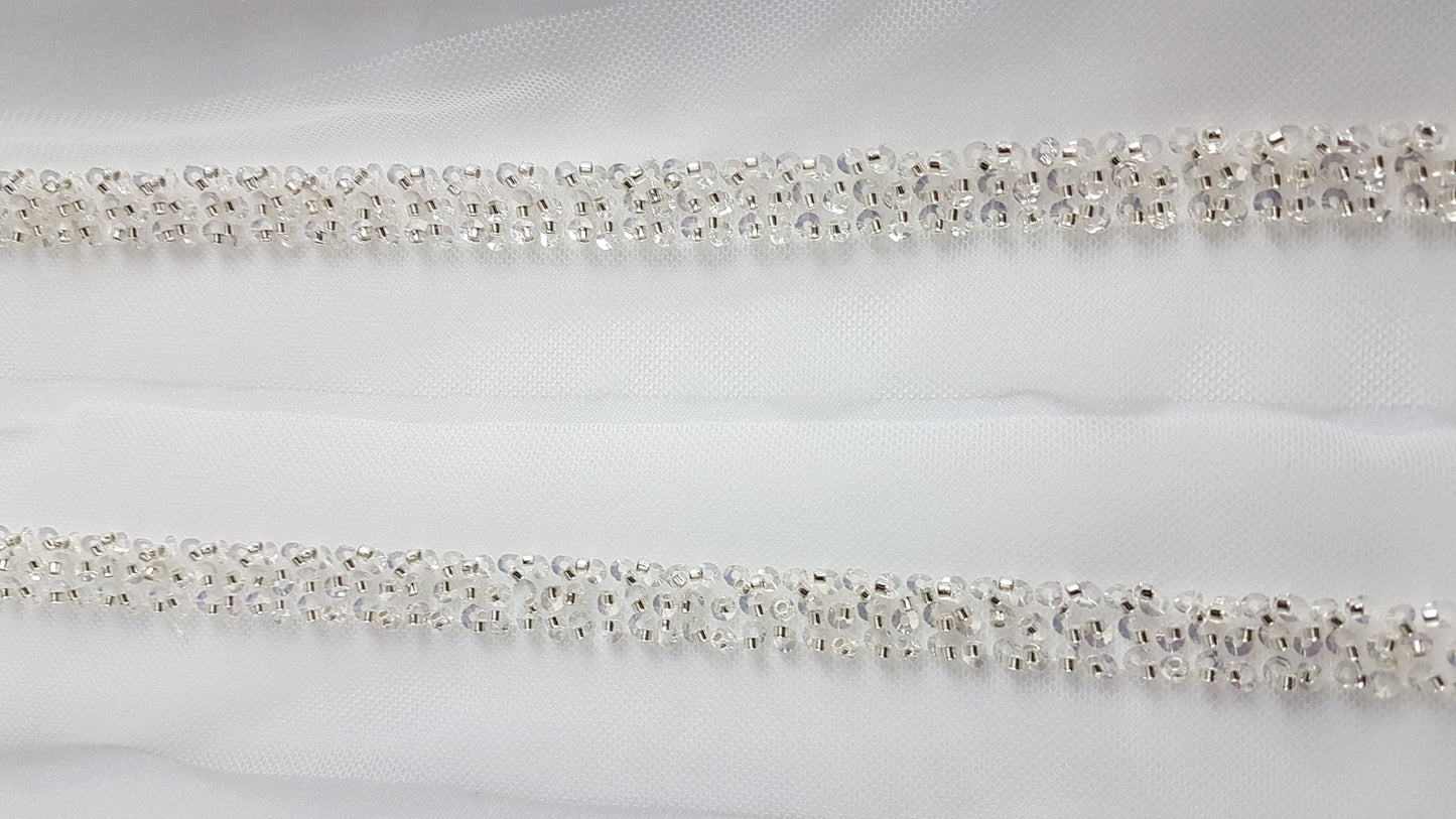 Beaded lace trim in white color, bridal lace trim with beads, Ribbon Lace for bridal or wedding dresses, 140cm length, 1,2cm wide, LL-1480