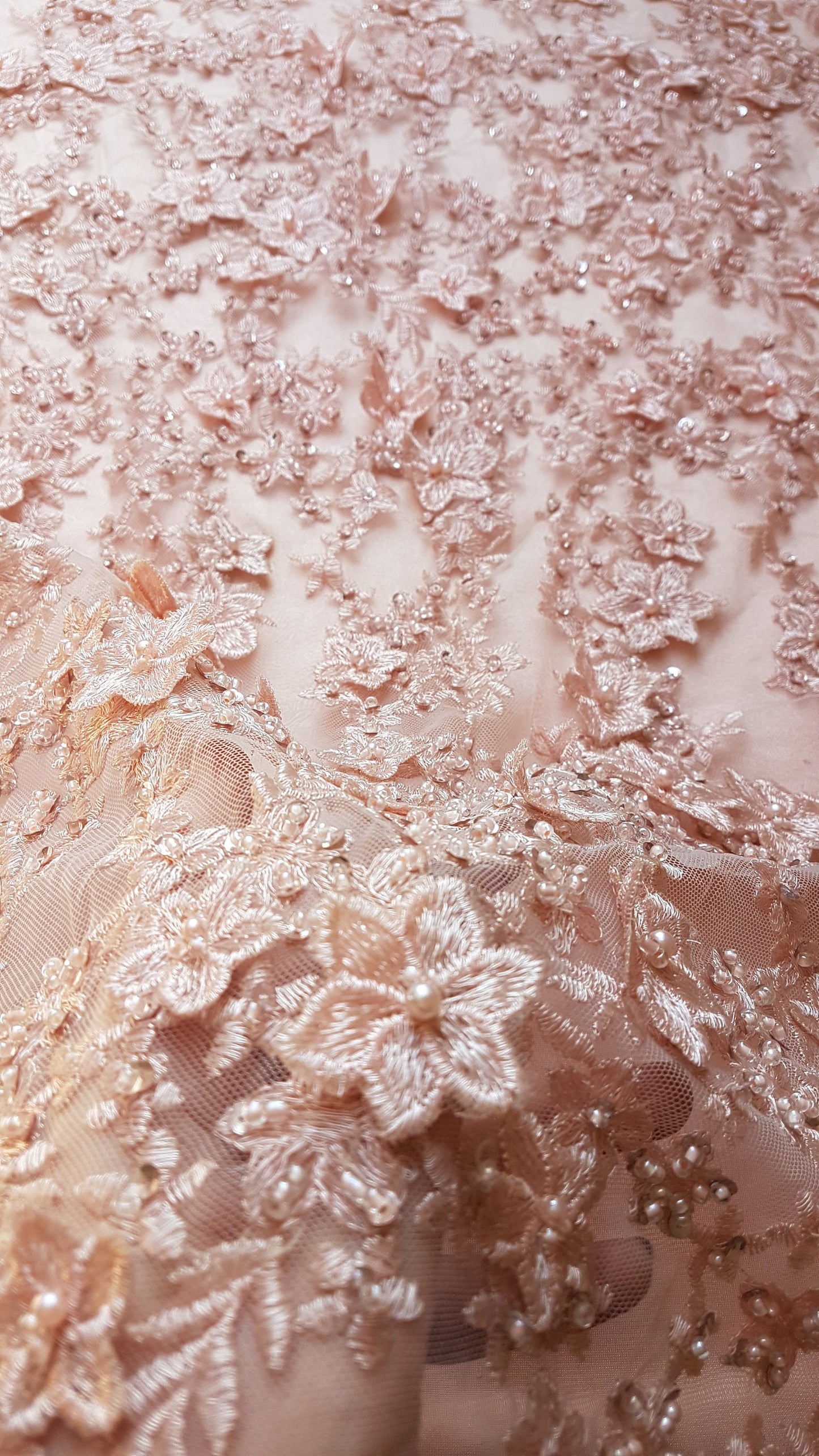 Gorgeous Lace fabric with 3D-Flowers in lovely rosé color, allover design, fabric per metre, LL-1331
