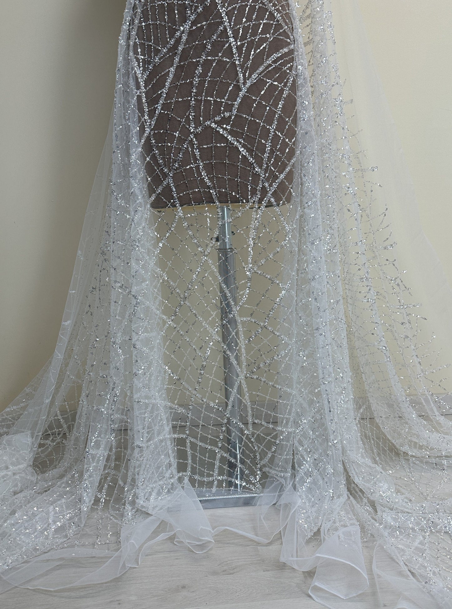 LL-1481, modern beaded bridal lace fabric with abstract net design in white color